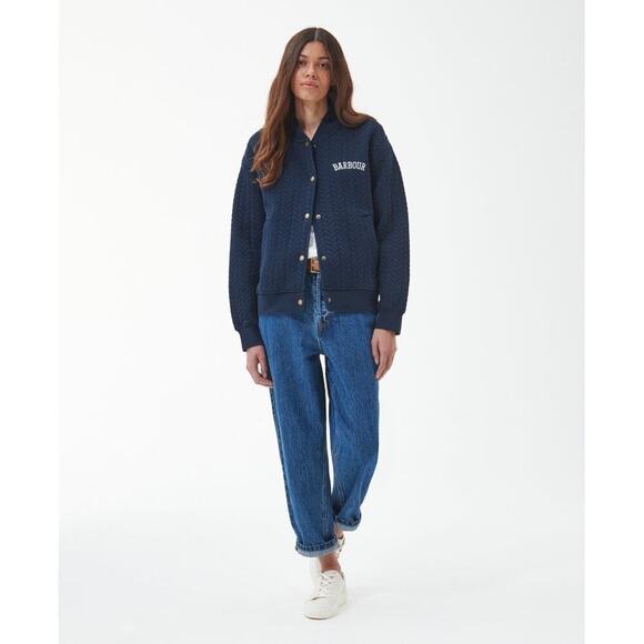 BARBOUR Oversized Chesil Overlay Quilted Jacket Snap Button Navy Blue Size 4 - Picture 4 of 12